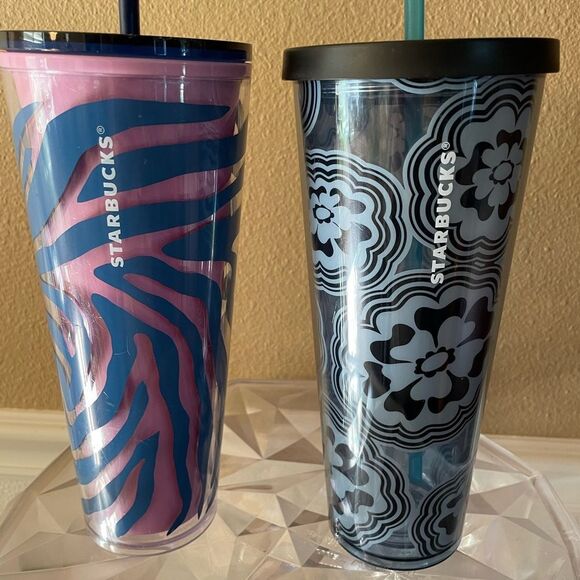 Starbucks Blue Wave Abstract Flower Tumbler Zebra Print Tumbler 24 ounces - Picture 7 of 14